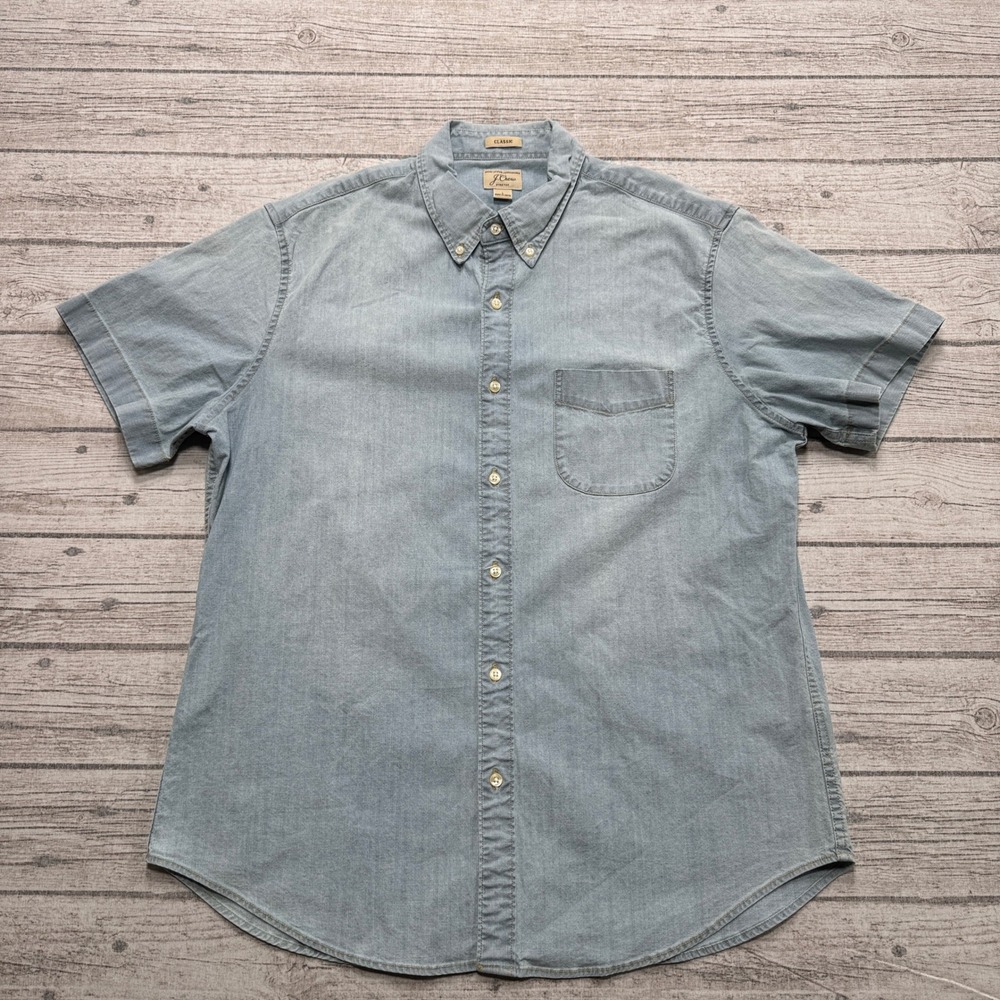 Vintage J.Crew Shirt Men's L Blue Short Sleeve Classic Fit Stretch Chambray